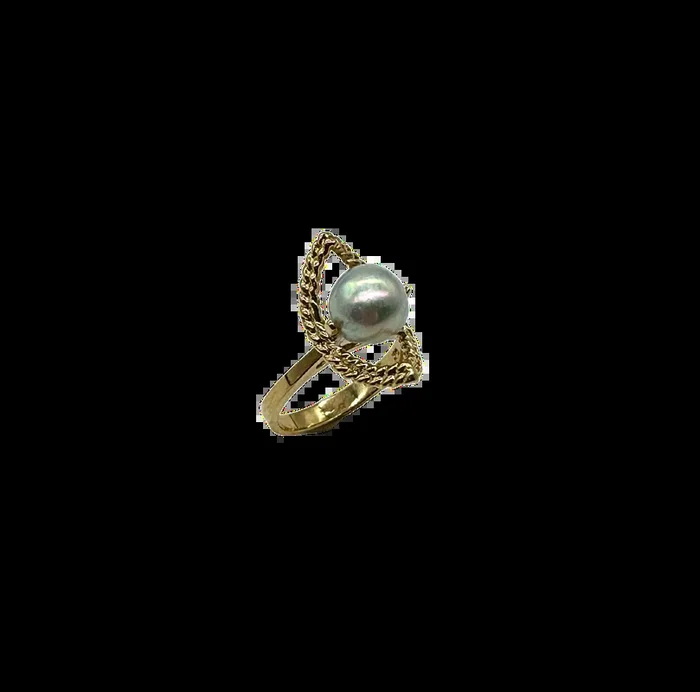 10k Yellow Gold Pearl Ring – Twisted Rope Marquise Design