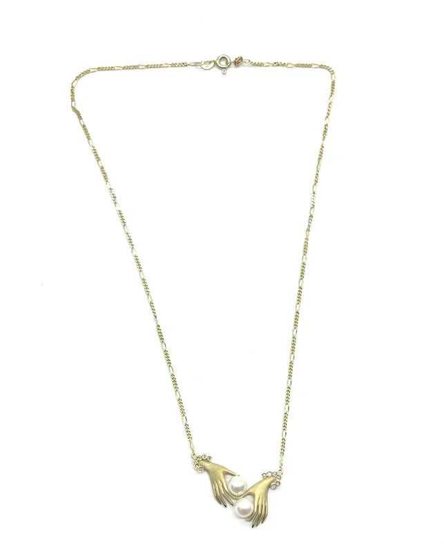 14k Diamond and Pearl Hands Station Necklace