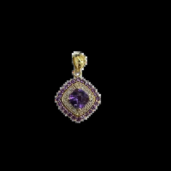 14k Yellow Gold Amethyst & Diamond Accent Double Halo Pendant