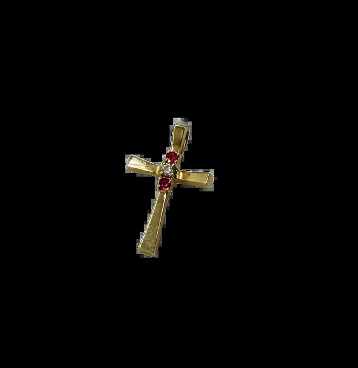 14k Yellow Gold Double Ruby & Diamond Accent Fluted Cross Pendant