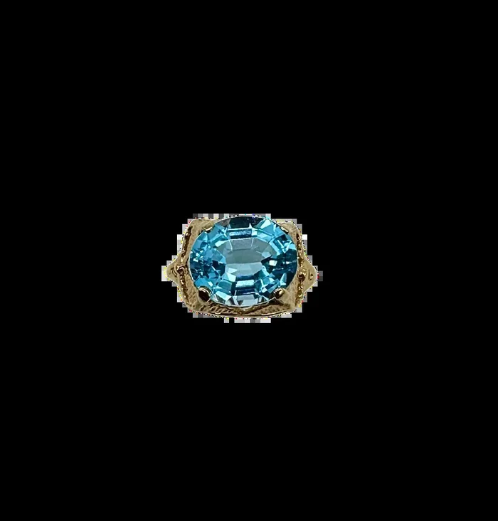 14k Yellow Gold Oval Sideways Blue Topaz Ring