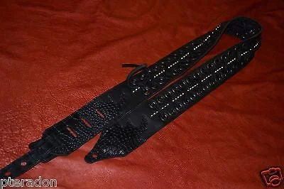 Carlino Custom Black Leather /Black Grommet /With Laces,studs 2.5″ Guitar Strap
