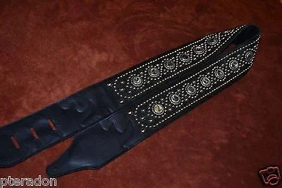 Carlino Exotic Series Abalone Concho Studded Black Leather Guitar Strap