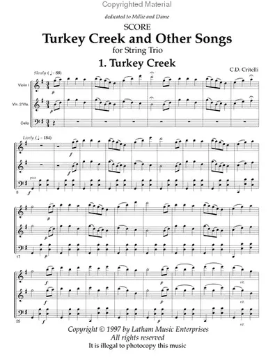 Critelli, Carol: Turkey Creek & Other Songs for String Trio (score)