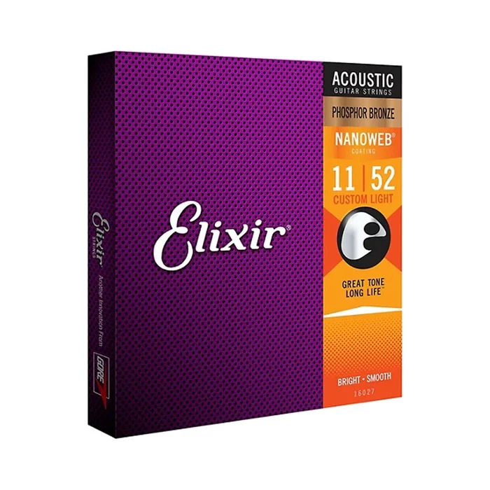 Cuerdas de guitarra acústica Elixir Phosphor Bronze con recubrimiento NANOWEB, Custom Light (.011-.052)