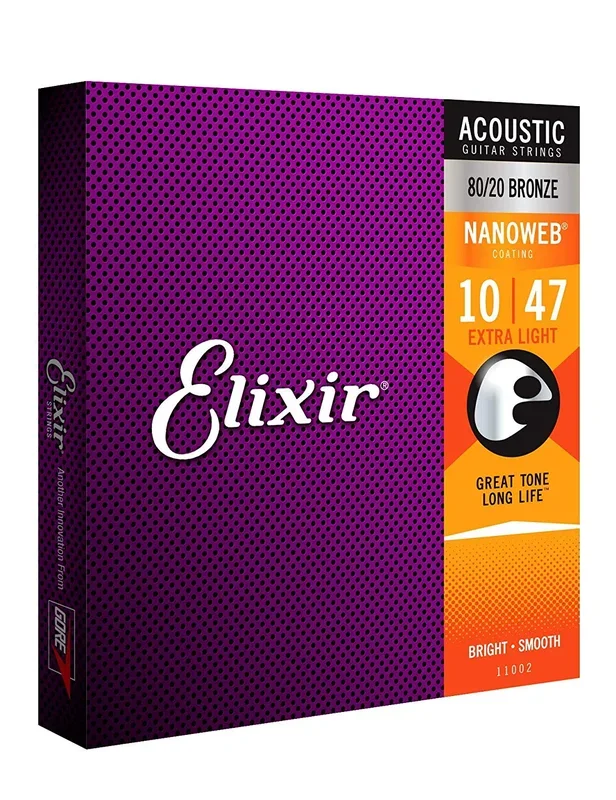 Cuerdas de guitarra acústica Elixir Strings 80/20 Bronze con recubrimiento NANOWEB, Extra Ligera (.010-.047)
