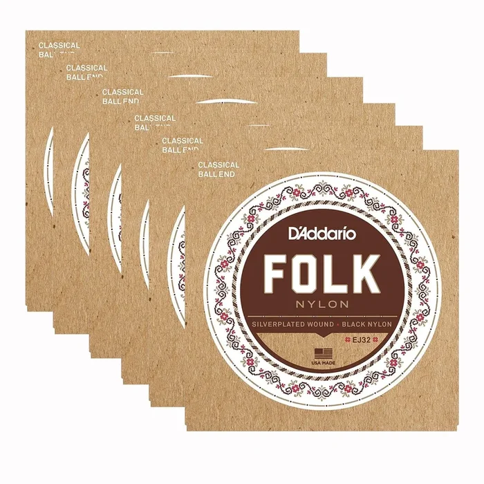 D’Addario EJ32 Folk Nylon Ball End Silver Wound Black Nylon Trebles 6 Pack Bundle