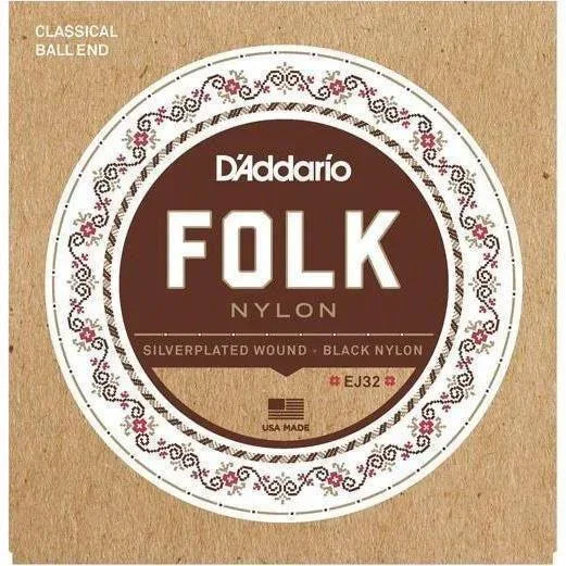 D’Addario EJ32 Folk Nylon, Ball End, Silver Wound/Black Nylon Trebles
