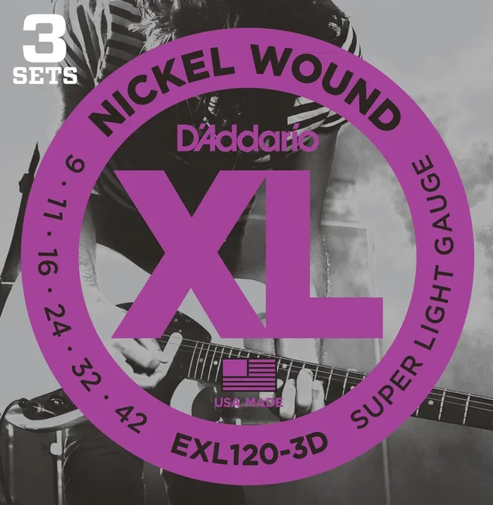 D’Addario EXL120-3D Nickel Wound Super Light Electric Guitar Strings 9-42 3-Pack