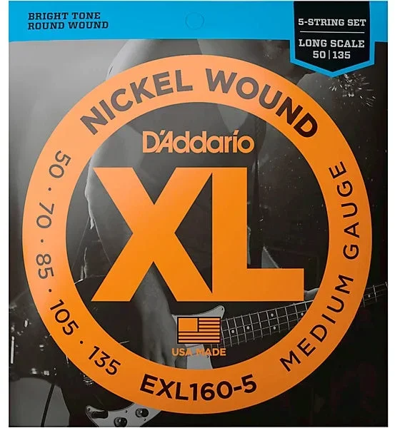 D’Addario EXL160-5 Medium Nickel Wound Long Scale Bass Strings .050-.135