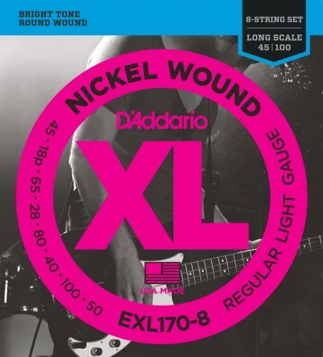D’Addario EXL170-8 8-String Nickel Wound Bass Guitar Strings, Light, 45-100, Long Scale