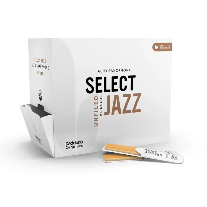 D’Addario Organic Select Jazz Unfiled Alto Saxophone Reeds, Size 2 Hard, 25-Pack
