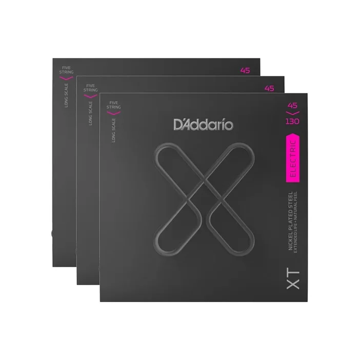 D’Addario XT Nickel Plated Steel Bass Guitar Strings Regular Light 5-String Long Scale 45-130 3 Pack Bundle