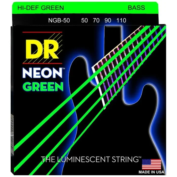 DR Strings NGB50 Hi Def Neon Green Coated Heavy Bass String Set – Light – 50-110