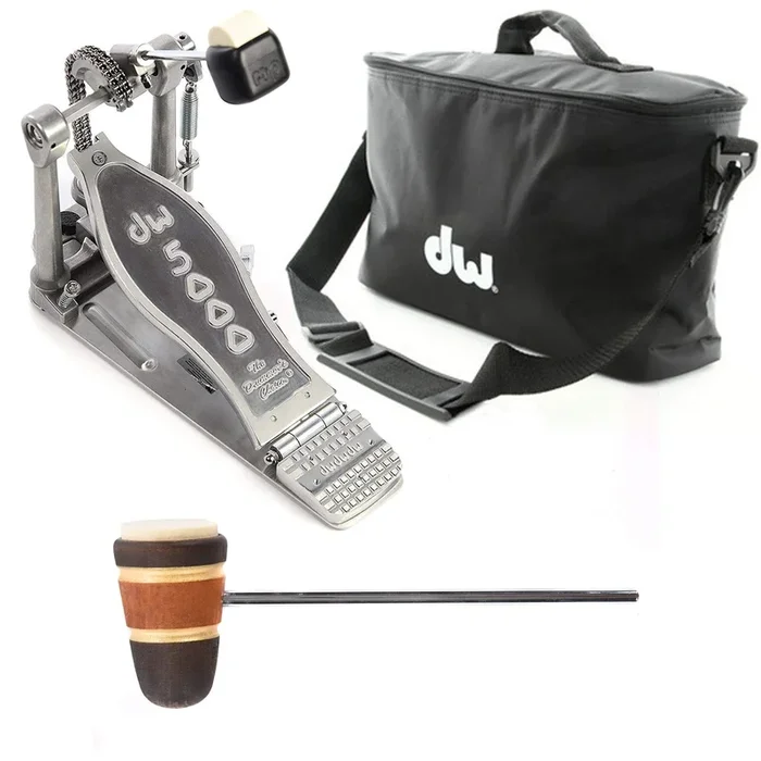 DW 5000 Modern Retro Turbo Single Bass Drum Pedal Bundle w/Bag & Low Boy Standard Felt Brown/Amber/Brown/Gold Stripes CDE Logo Beater