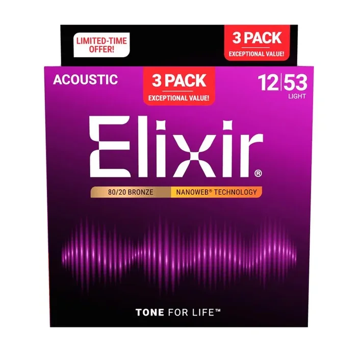 Elixir 16565 Acoustic 80/20 Bronze w/NANOWEB Technology Light 11-52 | 3pk