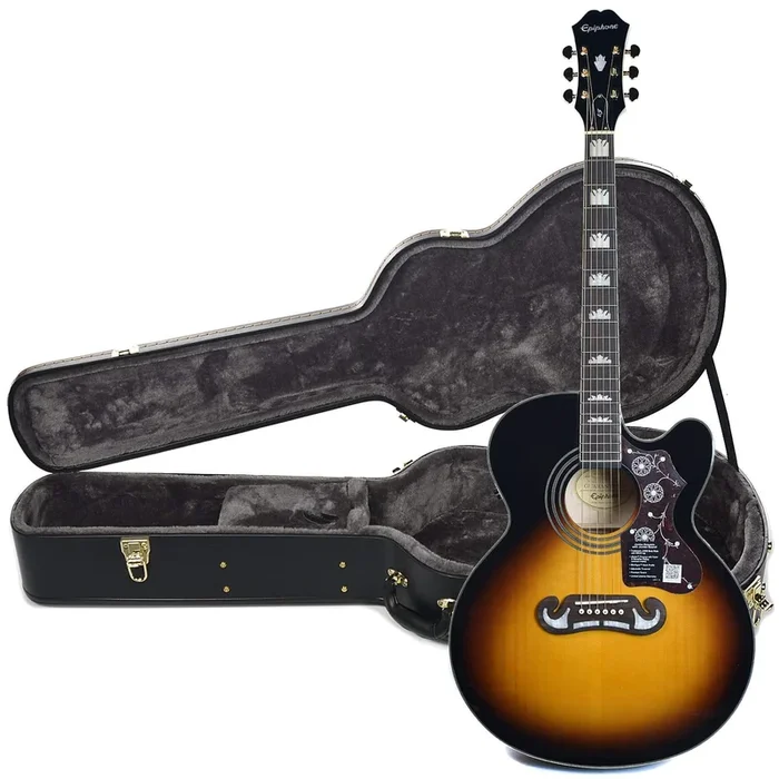Epiphone EJ-200SCE Solid Top Acoustic-Electric Vintage Sunburst and Epiphone Hardshell Case Bundle