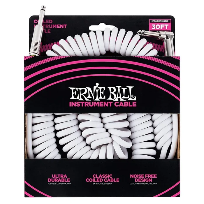 Ernie Ball 30′ Coiled Instrument Cable Angle-Straight White