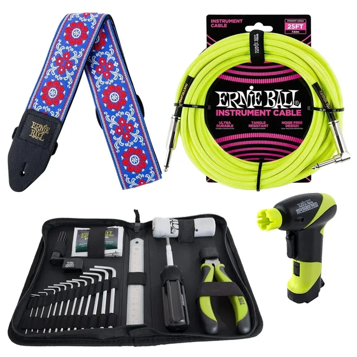Ernie Ball 4114 Musician’s Tool Kit, Power Peg, Jacquard Strap and Braided Cable Bundle #18