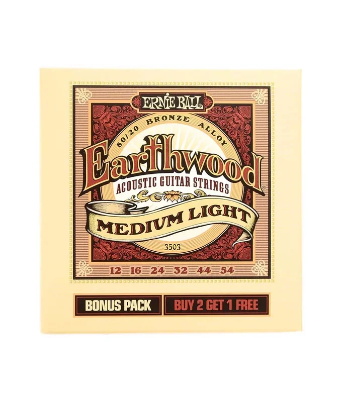 Ernie Ball Bonus Pack Earthwood Medium-Light 80/20 Bronze Acoustic Guitar Strings – 3 Pack