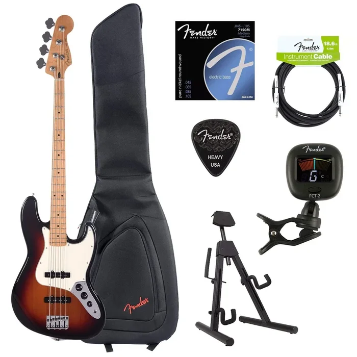 Fender Player Jazz Bass 3-Color Sunburst Bundle w/Fender Gig Bag, Stand, Cable, Tuner, Picks and Strings