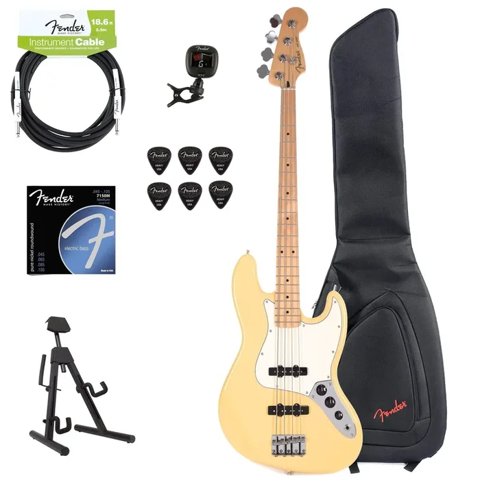 Fender Player Jazz Bass Buttercream Bundle w/Fender Gig Bag, Stand, Cable, Tuner, Picks and Strings