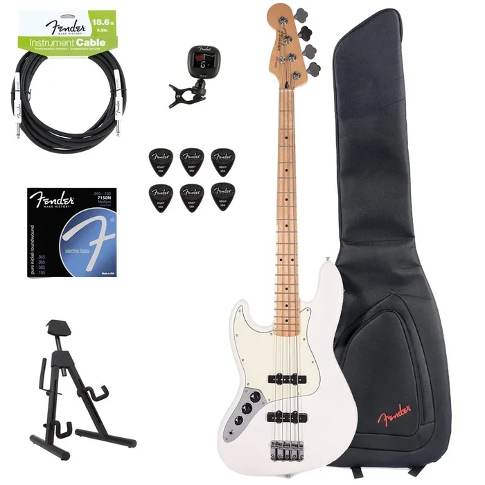 Fender Player Jazz Bass LEFTY Polar White Bundle w/Fender Gig Bag, Stand, Cable, Tuner, Picks and Strings