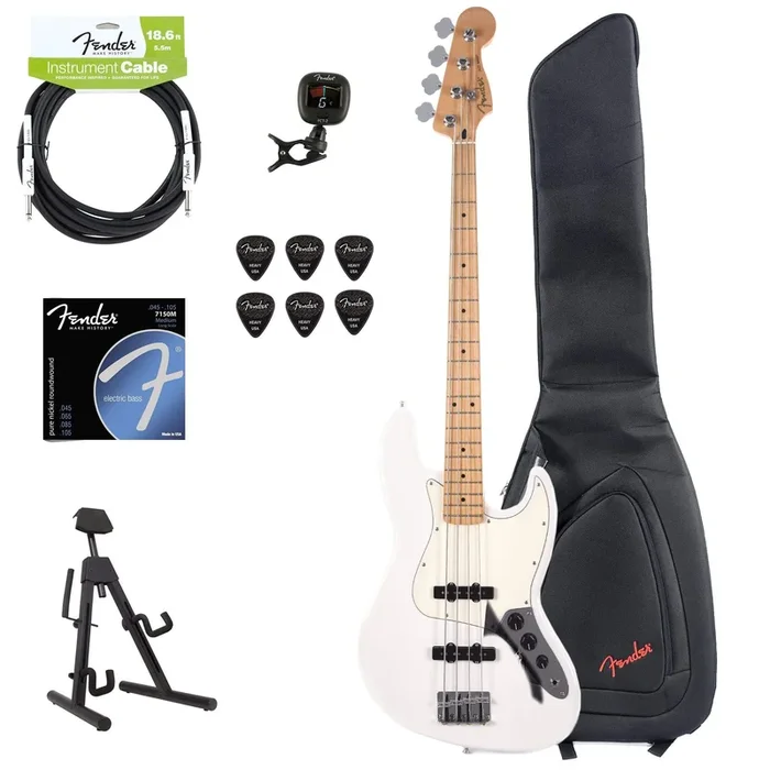 Fender Player Jazz Bass Polar White Bundle w/Fender Gig Bag, Stand, Cable, Tuner, Picks and Strings