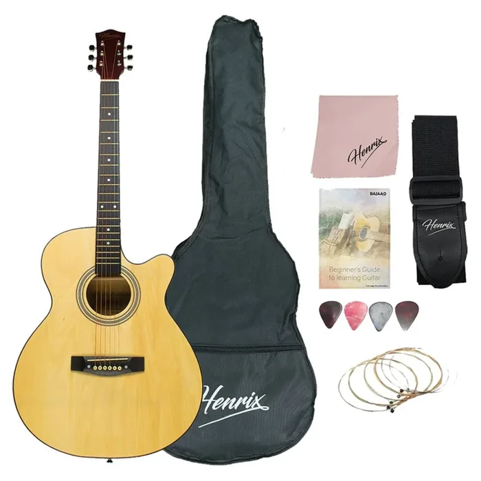 Henrix 40C 40-Inch Cutaway Acoustic Guitar with Dual Action Truss Rod, Gigbag, Picks, String Set, Strap, Cloth & Ebook