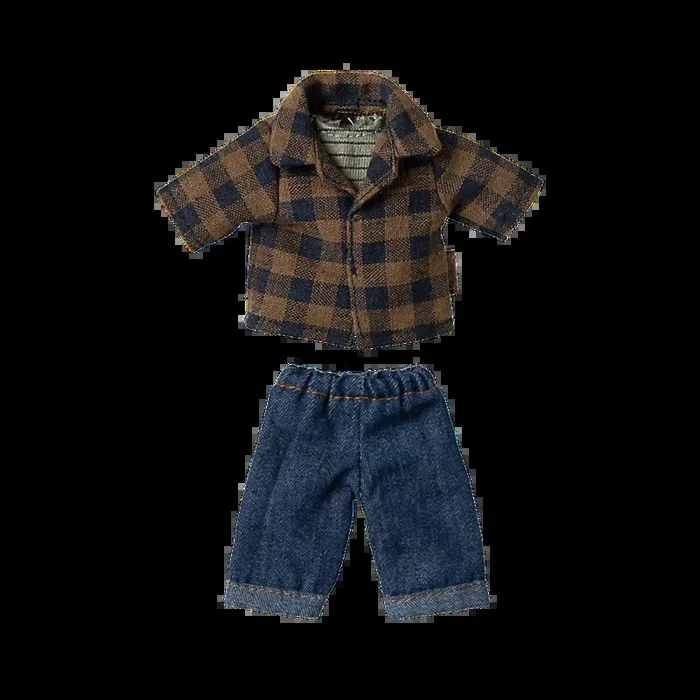 Maileg brown checked shirt and pants, dad mouse