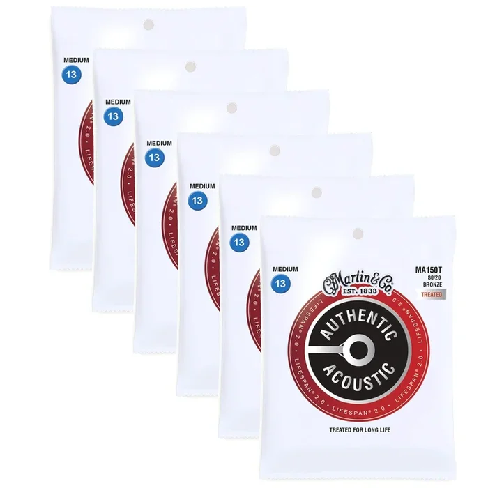 Martin MA150T Authentic Acoustic Lifespan 2.0 80/20 Bronze Medium 13-56 (6-Pack Bundle)