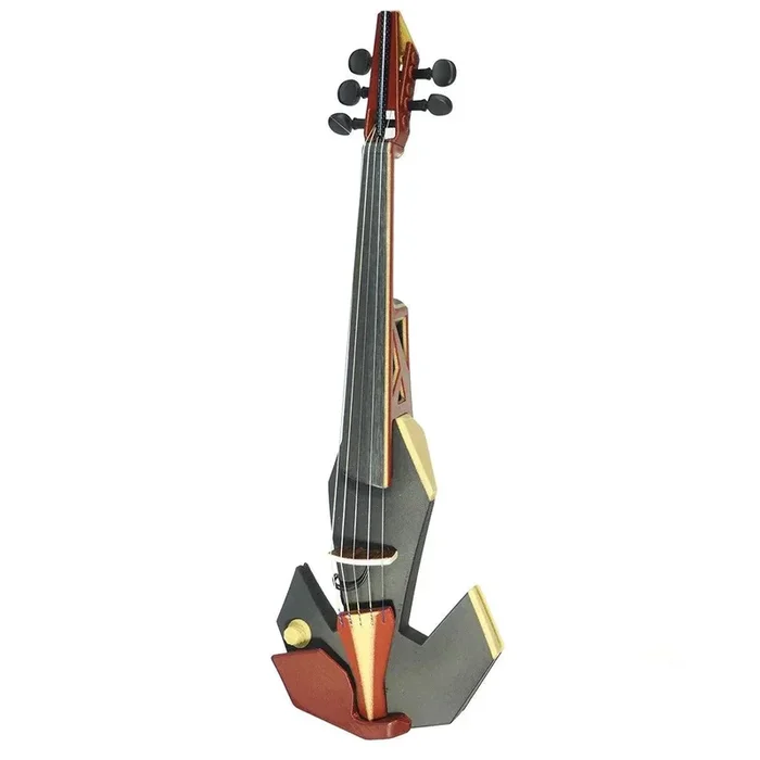 OpenFabPDX Modular Fiddle 5-string electric violin, black, gold, and red, with Starfish Designs bridge