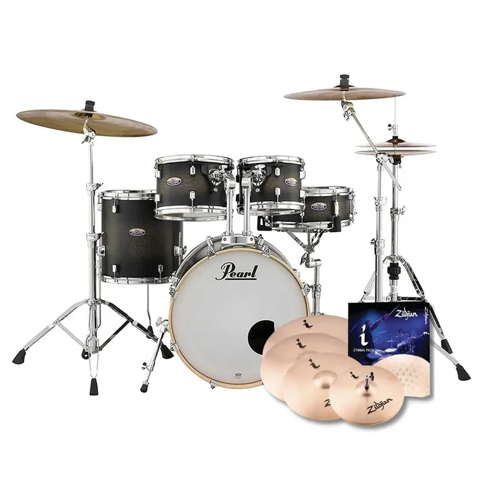 Pearl Decade Maple 5-Piece Drum Kit Package with Zildjian Cymbals & Hardware – Satin Black Burst – FREE 14″ I Series crash (ZILH14C)