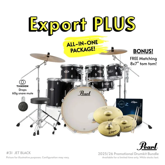 Pearl Export Plus 22″ Rock Drum Kit with Zildjian Cymbals – Jet Black