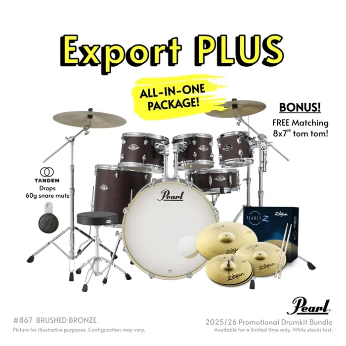 Pearl Export Plus 5pc 22″ Fusion Plus Drum Kit with Zildjian Cymbals – Brushed Bronze