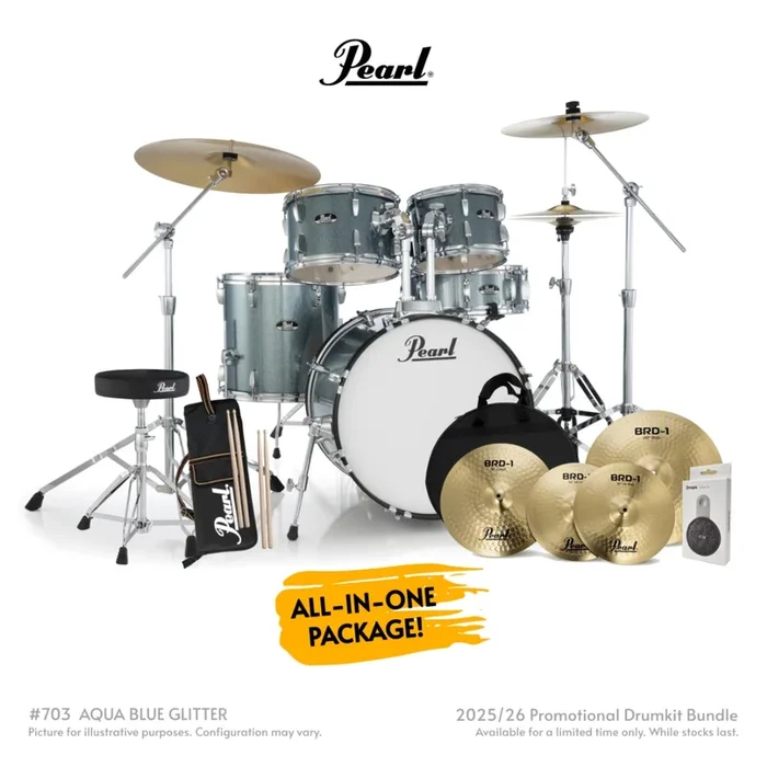 Pearl Roadshow-Plus 5pc 20″ with BRD-1 Cymbals Drum Package – Aqua Blue Glitter