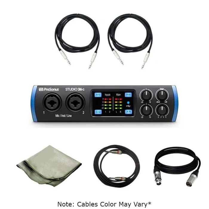 PreSonus Studio 26 c Portable UltraHigh Definition Usb C Audio Interface With Polishing Cloth & Cables Bundle