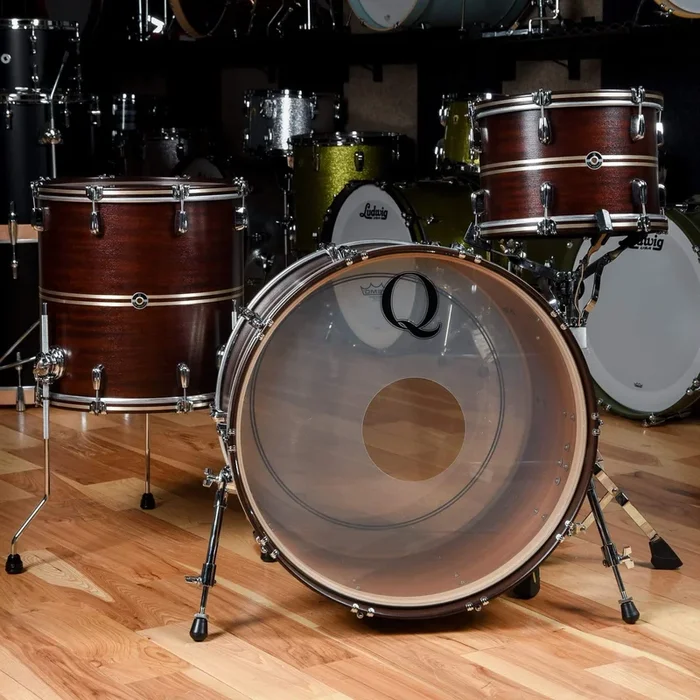 Q Drum Co. 13/16/24 3pc. Mahogany/Poplar/Mahogany Drum Kit Brown Satin w/Brushed Brass Inlays & Matching Wood Hoops