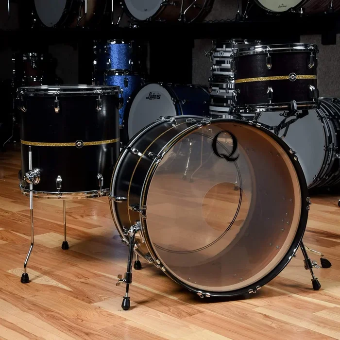 Q Drum Co. 13/16/24 Mahogany/Poplar/Mahogany 3pc. Drum Kit Black Satin w/Gold Sparkle Inlay