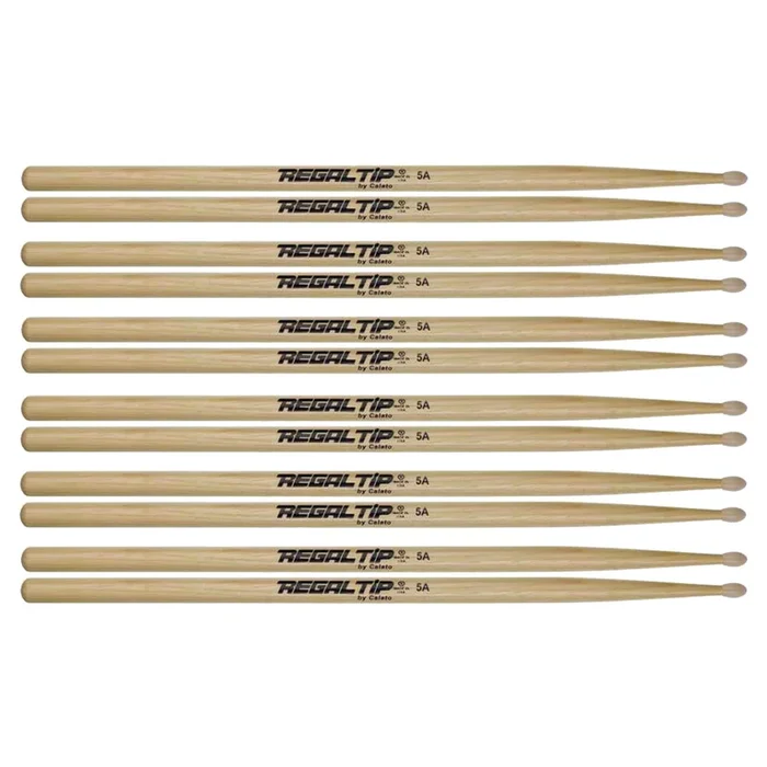 Regal Tip 5A American Hickory Nylon Tip Drum Sticks (6 Pair Bundle)