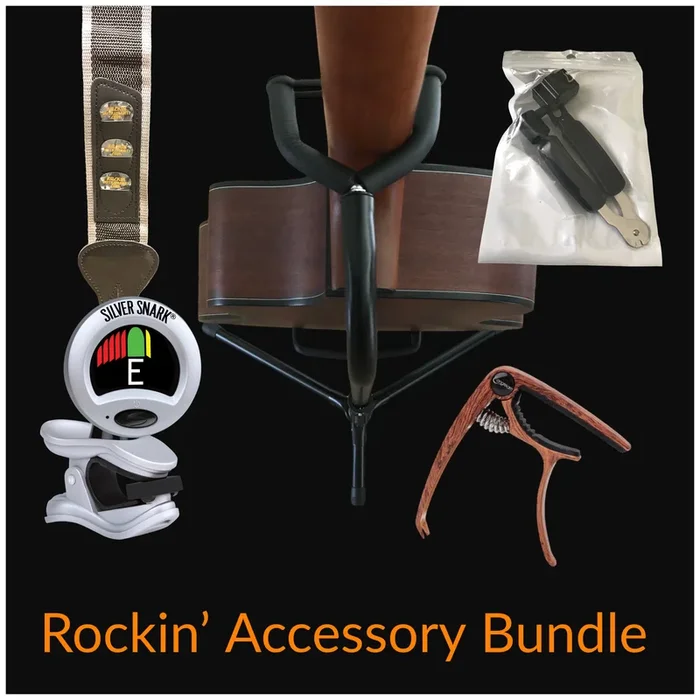 Rockin’ Guitar Accessory Bundle – Strap with Picks, Tuner, Stand, Capo And String Winder
