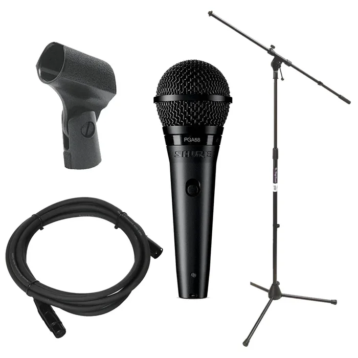 Shure PGA58 Cardioid Dynamic Vocal Microphone w/On-Stage Mic Stand, Clip, and XLR Cable