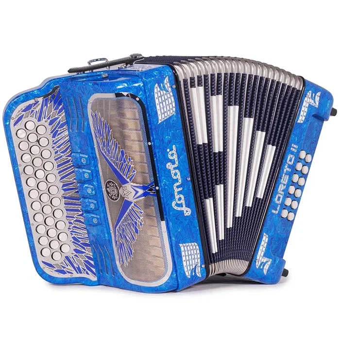Sonola Loreto II Accordion 5 Switch FBE Celluloid Blue Waves with Silver Details