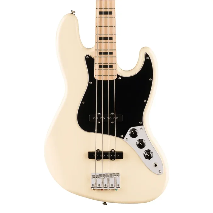 Squier Affinity Series Active Jazz Bass with Maple Fingerboard and Black Pickguard – Olympic White