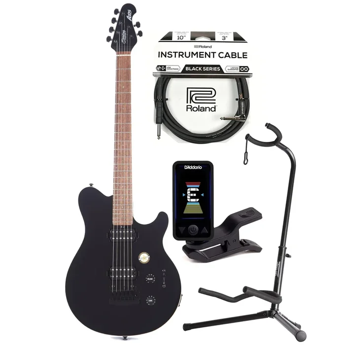 Sterling by Music Man S.U.B. Series Axis Black with White Body Binding w/Guitar Stand, Tuner and 10′ Cable Bundle