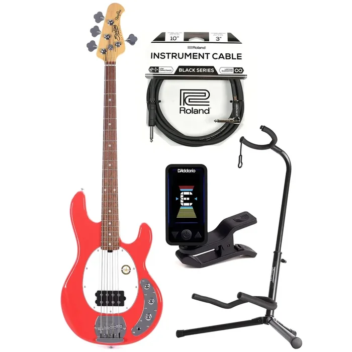Sterling by Music Man S.U.B. Series StingRay Fiesta Red w/Guitar Stand, Tuner and 10′ Cable Bundle
