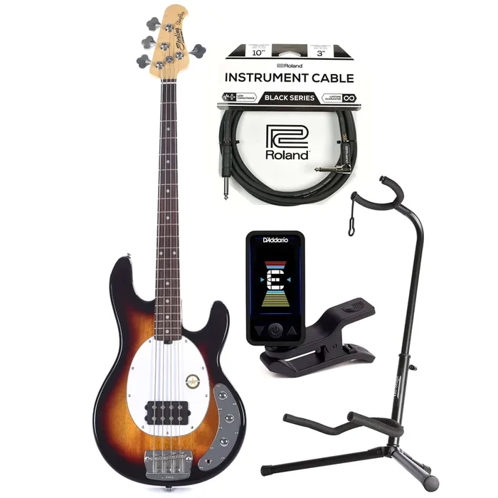 Sterling by Music Man StingRay Classic 3-Tone Sunburst w/Guitar Stand, Tuner and 10′ Cable Bundle