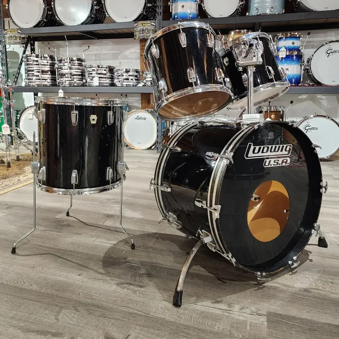 Used Ludwig 1980s Classic Maple 4pc Drum Set Black Cortex – Good