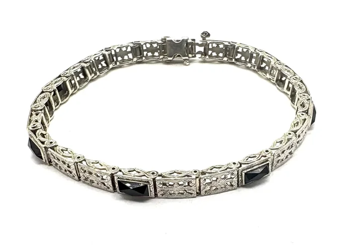 Vintage White Gold Black Onyx Rectangle Cutout Bracelet