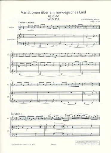 Weber, Carl Maria von: Variations on a Norwegian Tune, Op. 22 (violin & piano)